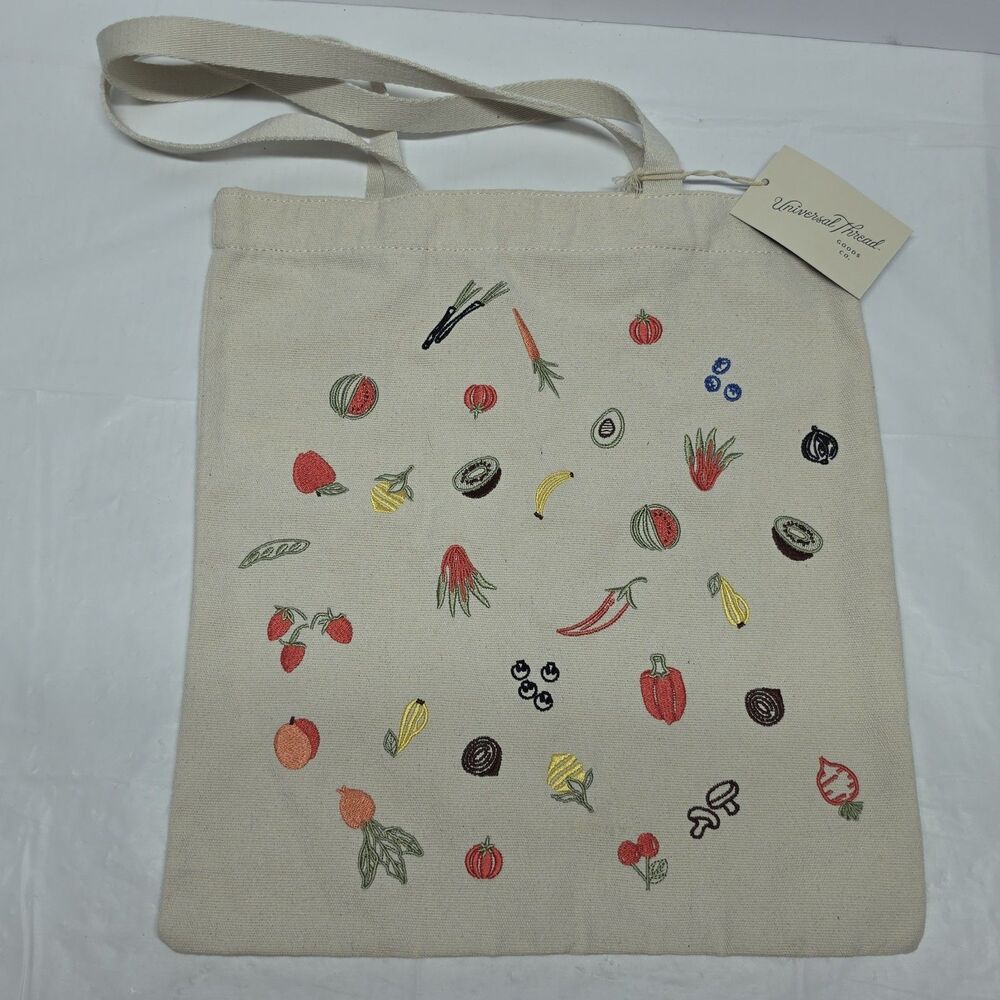 Universal Thread Magazine Beige Tote Bag Fruits Embroidered Double Handle NWT